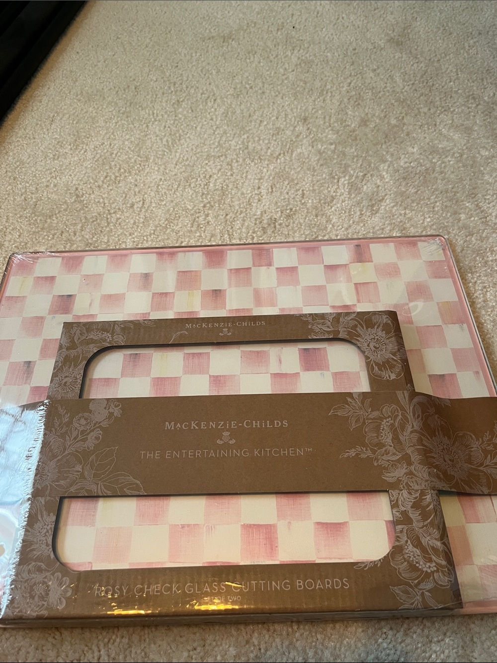 MacKenzie-Childs Rosy Check Serving or Cutting Board - rose pink & white. New.